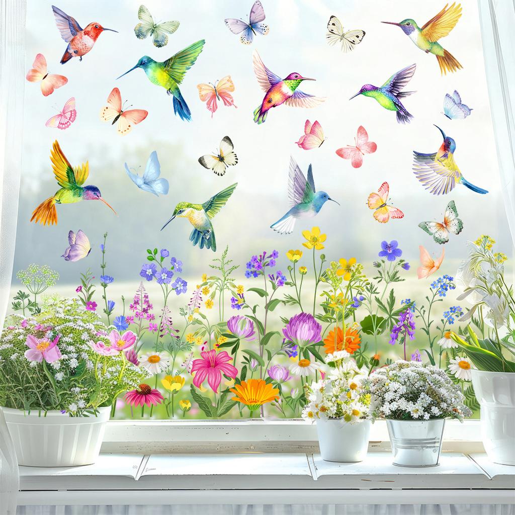 Jarní samolepky na okna Statické samolepky Ptáci na větvích s květinami a motýly pro skleněné dveře Domácí dekorace