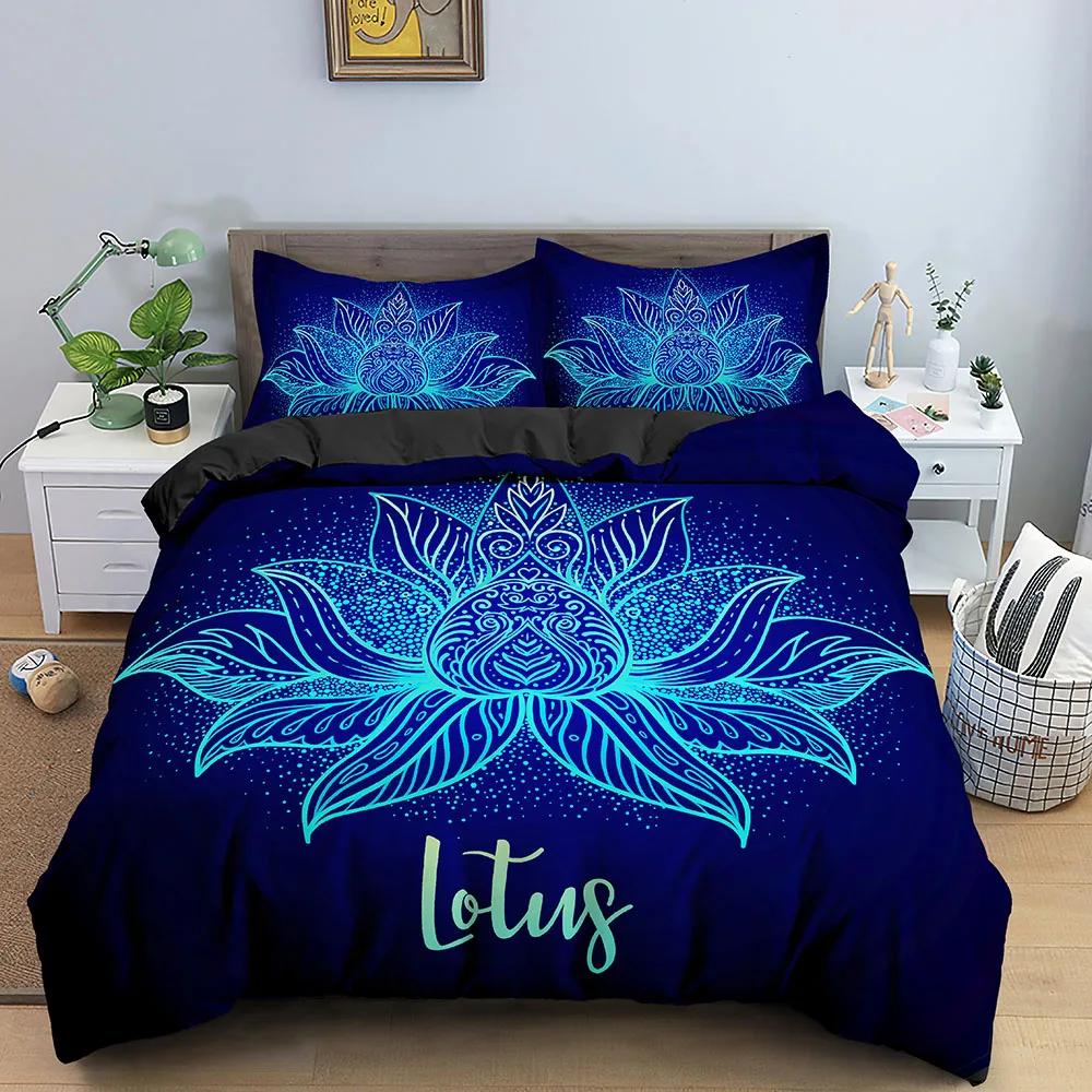 Galaxy Lotus King Size Full Twin Bettbezug Blau Blume Mond Bettwäsche-Set Für Teenager Erwachsene Böhmisch Floral 2/3-teilig Bettdeckenbezug
