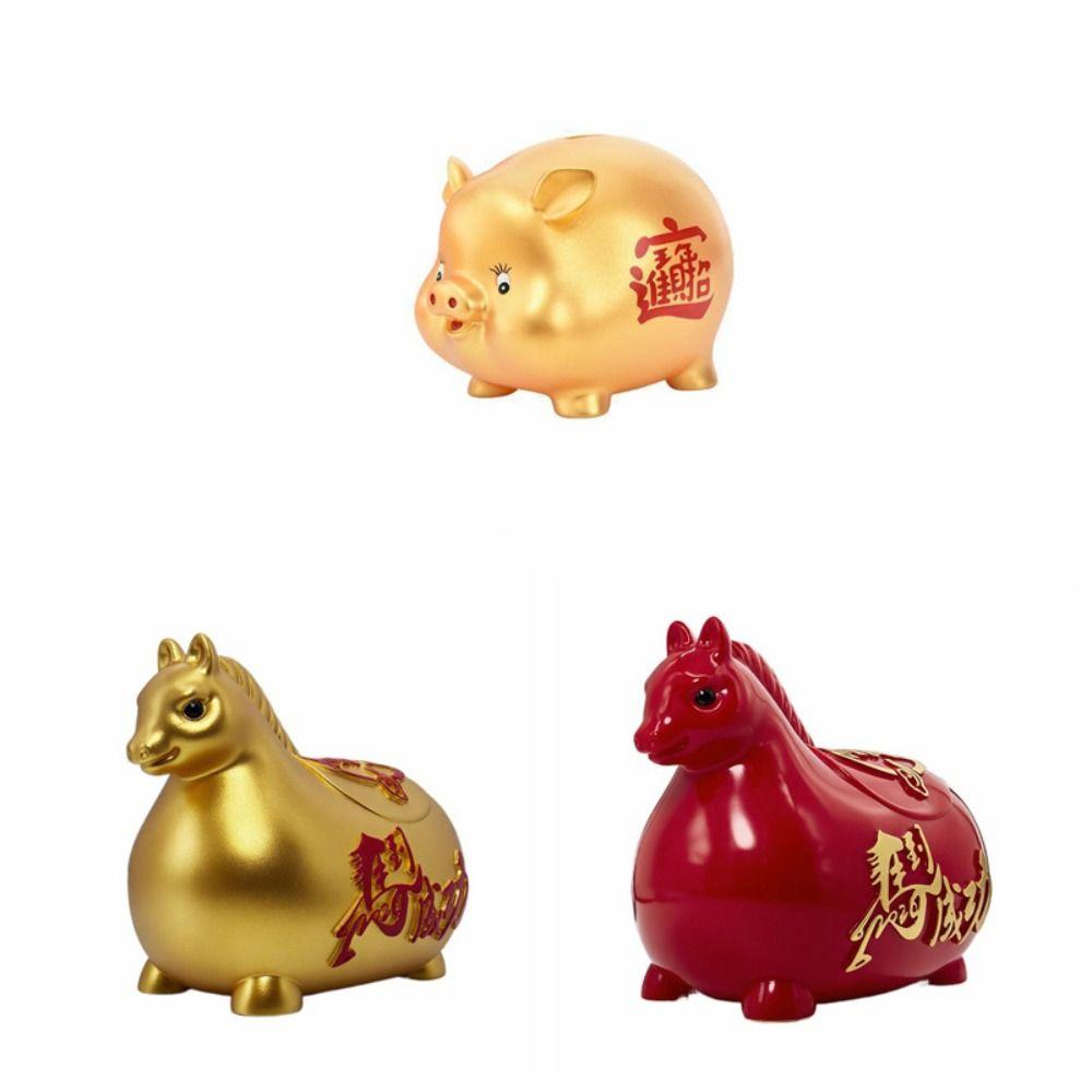 Zodiac Horse Cartoon Piggy Bank Gold Red Coin Saving Box Practical Pig Coin Jar Festive Occasions