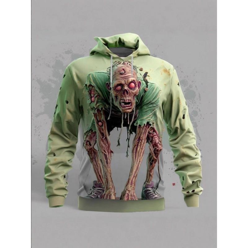Mens Loose Fit Hooded Sweatshirt Halloween Horror Cartoon Print Long Sleeve Pullover Teens Adults