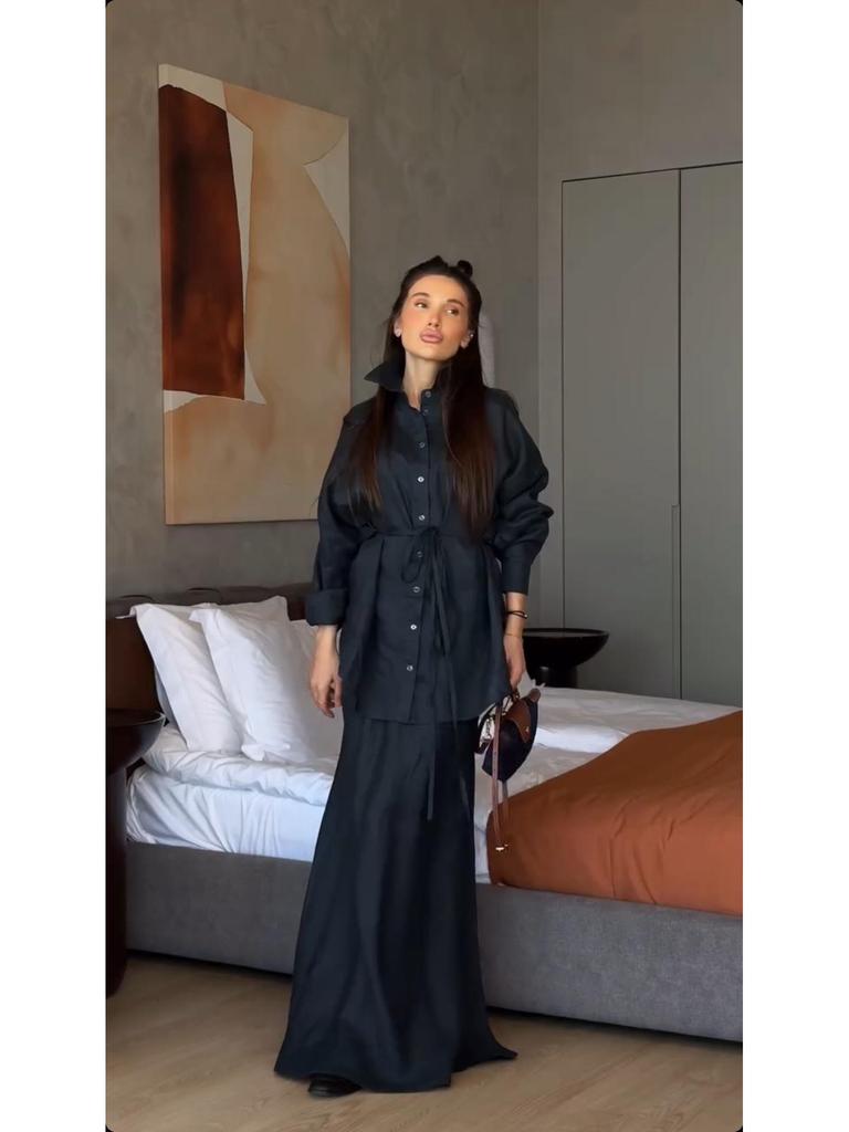 Women's Spring/Summer 2025 Fashion: Turn-Down Collar Loose Shirt & High Waist Midi Skirt Set