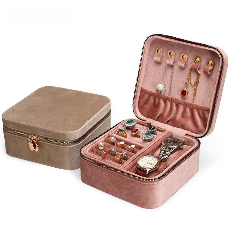 Velvet Jewelry Box With Dual Compartments For Rings Bracelets And Earrings