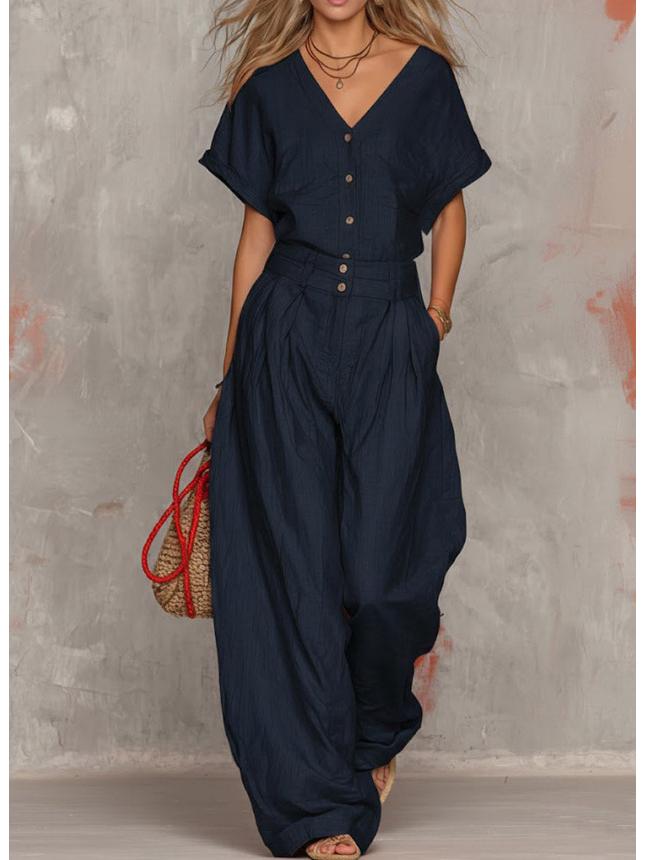 

2026 Retro Solid V-neck Short-sleeve Top & Wide-leg Pants Set for Spring/Autumn M чорний