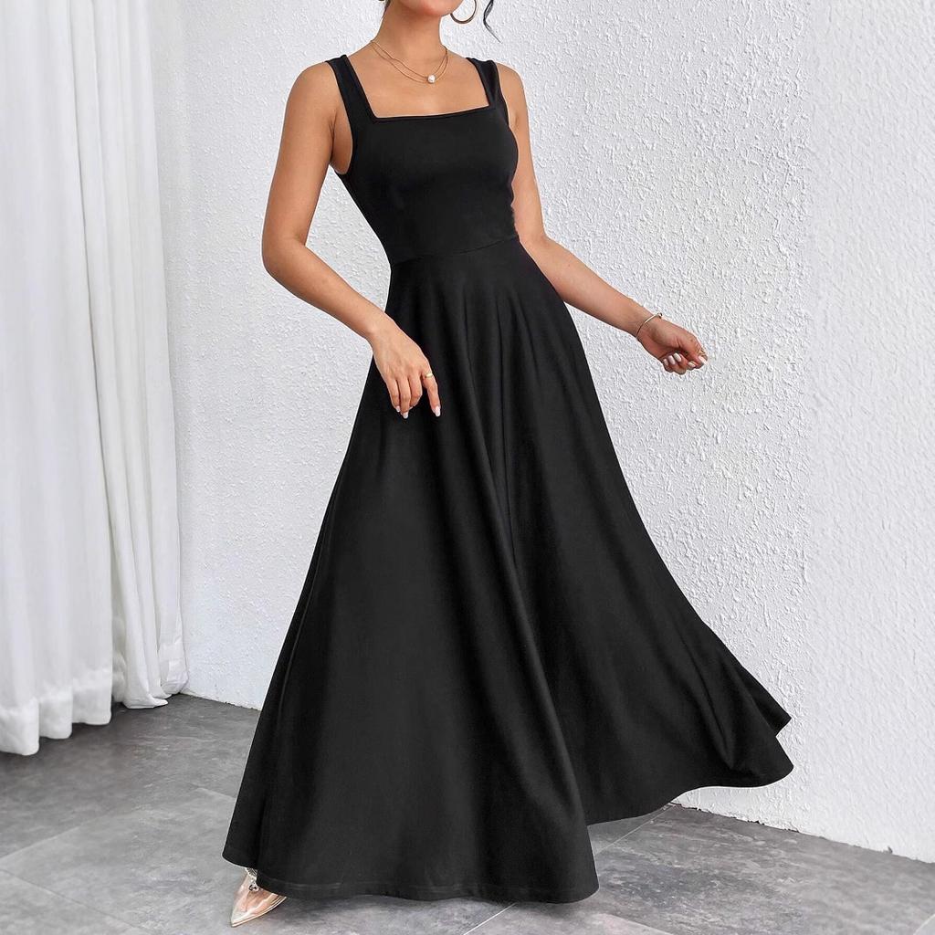 VEZFAA Moda damska Lato Wiosna Jednolity kolor Drukuj Bez rękawów Kwadratowy kołnierzyk Wysoka talia Casual Sukienki