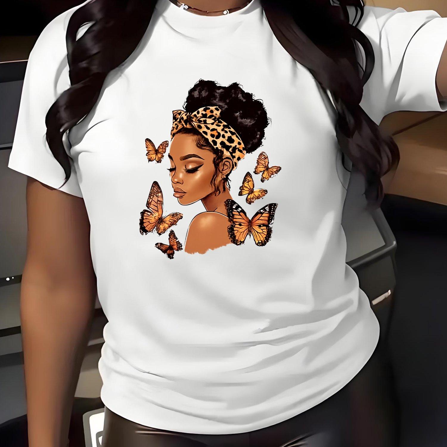 

Women s Butterfly Print T-Shirt - Confident Round Neck Short Sleeve Top, Loose and Breathable XXS