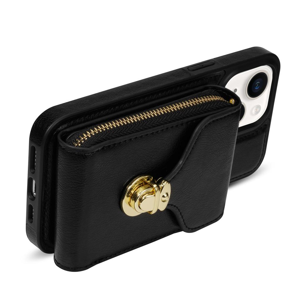 For iPhone 15 Card Slot Phone Case PU Leather Coated TPU Zipper Pocket Kickstand Cover with Shoulder Strap