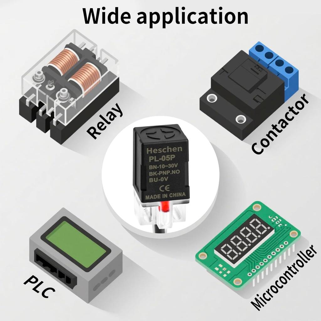 Heschen Square Inductive Proximity Sensor Switch, Non-Shield Type, PL-05P, Detector Distance 5mm, 10-30VDC 200mA, PNP Normally Open(NO), 3 Wire