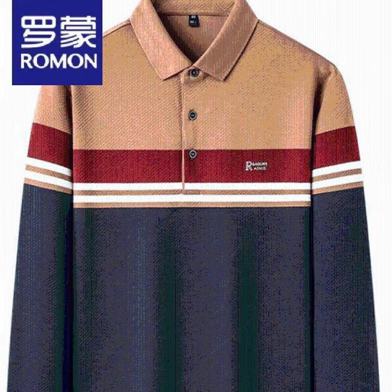 Romon Men's Embroidered Striped Long-Sleeve Polo