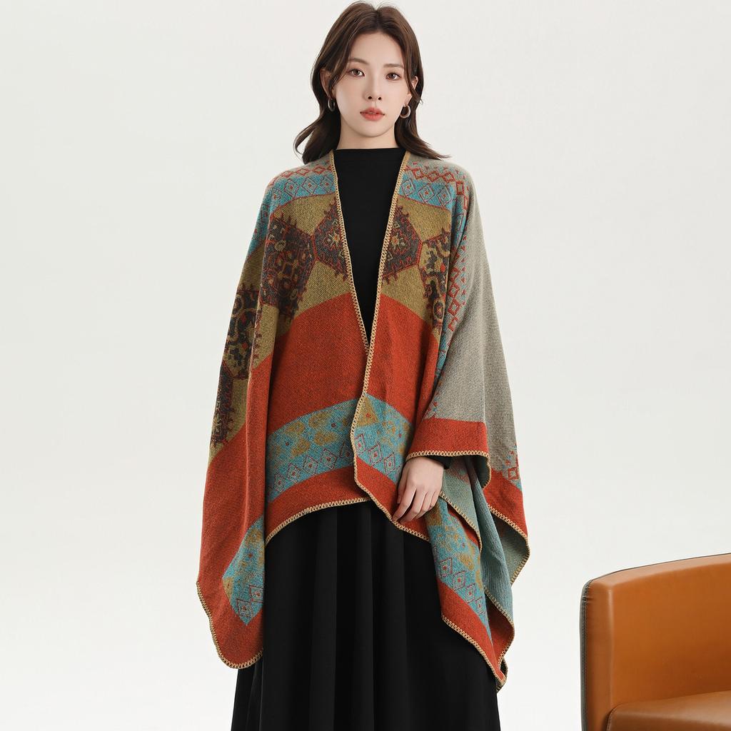 Literary Tourism Shawl Autumn and Winter Imitation Cashmere Knitted Scarf Split Fork Oil Painting Cape Cloak Outside