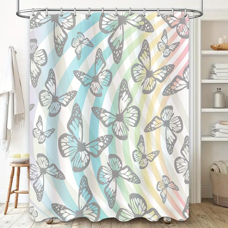 Bathroom Decor Shower Curtain With Butterfly Print Waterproof Fabric Black Rod Pocket For Home Bathroom Accessories Decoration B