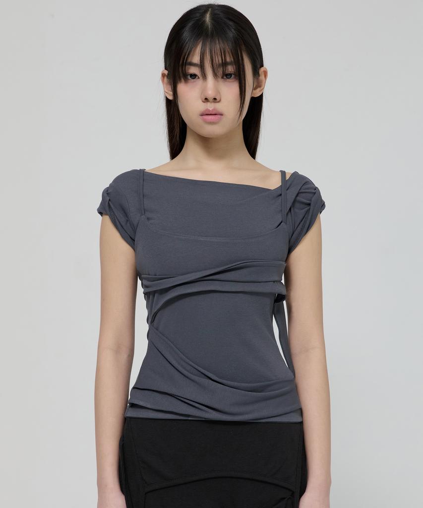 Peulleeoeob Layered Bustier T-Shirt (Fl-108_Charcoal)