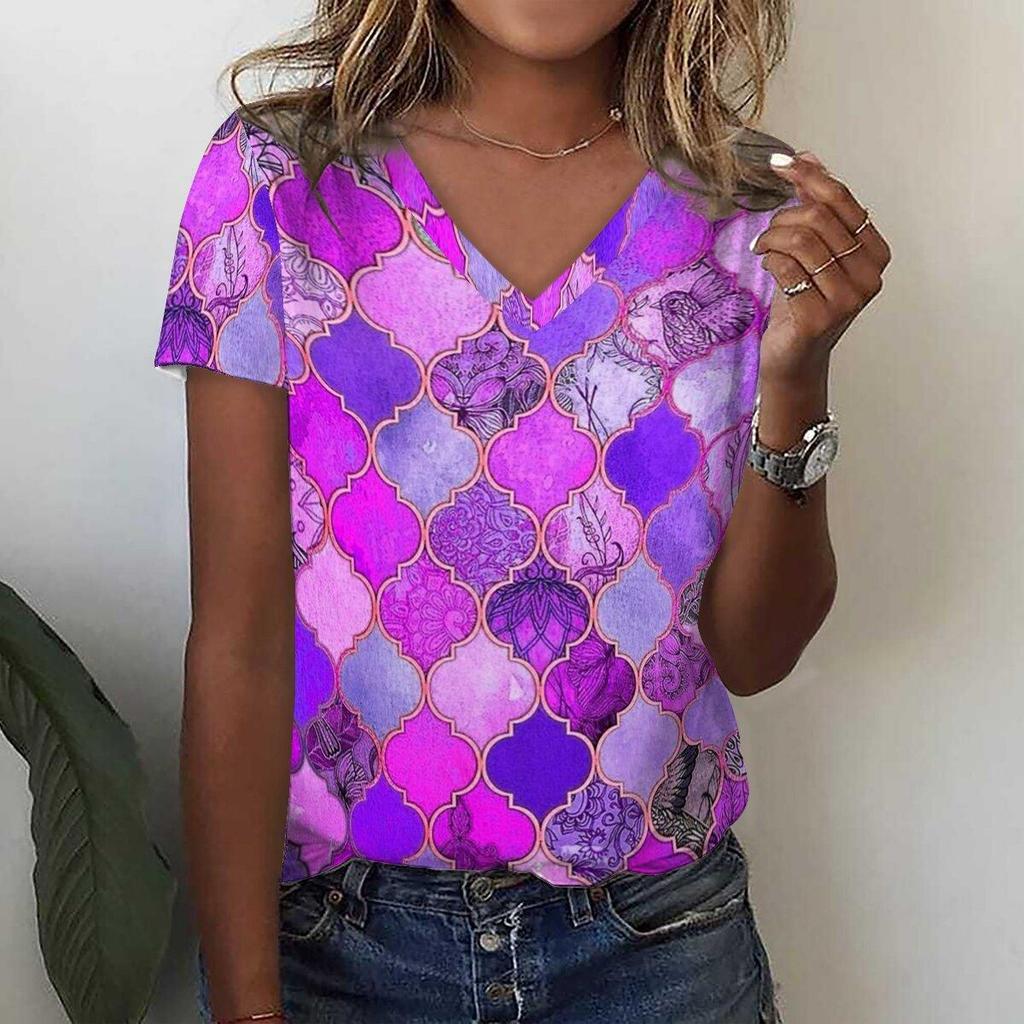 Summer Women's 3D Printed V-Neck T-Shirt Fashion Versatile Trend Breathable Casual