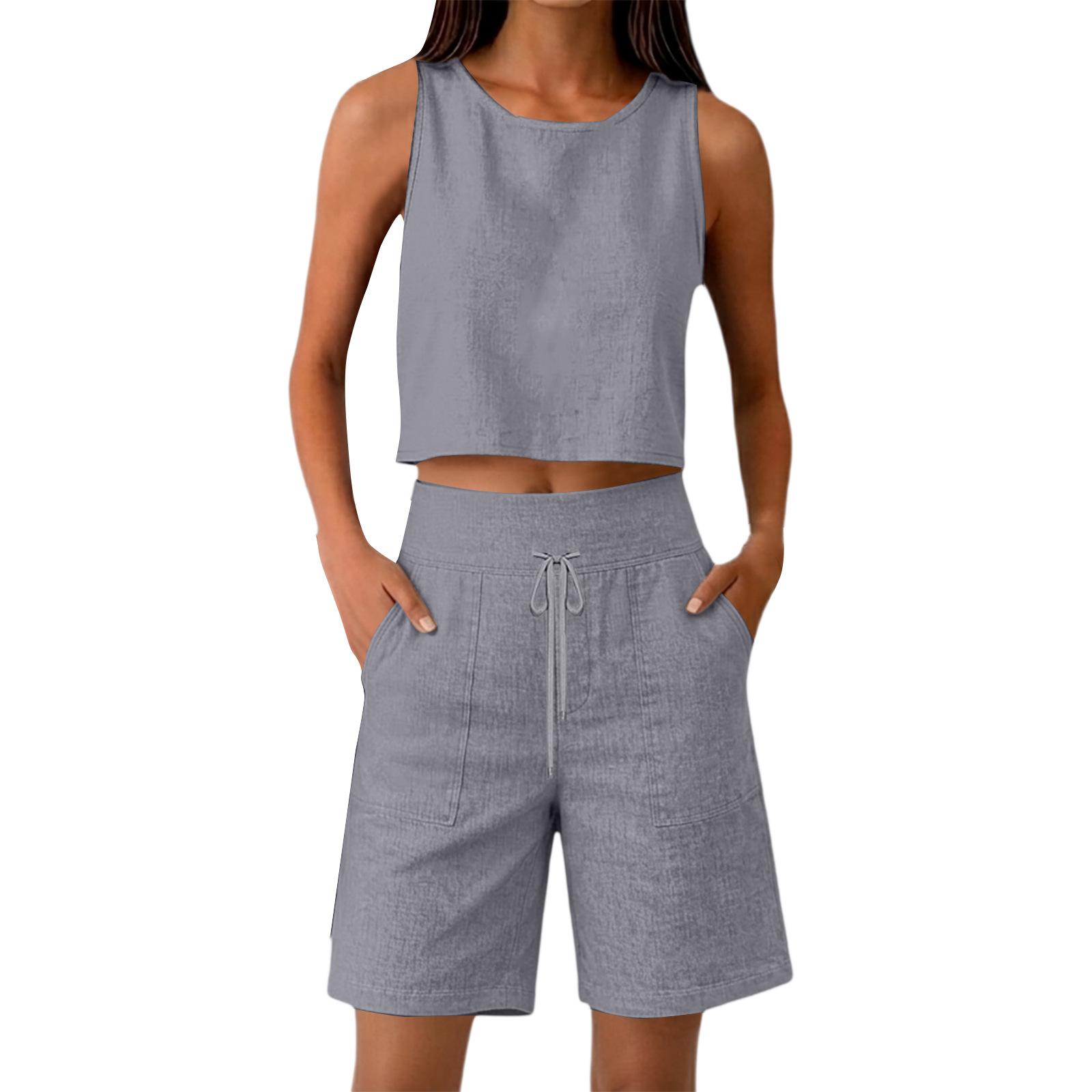 Women s Fashion Sleeveless Top And Wide-Leg Cropped Pants Cotton-Linen Set L