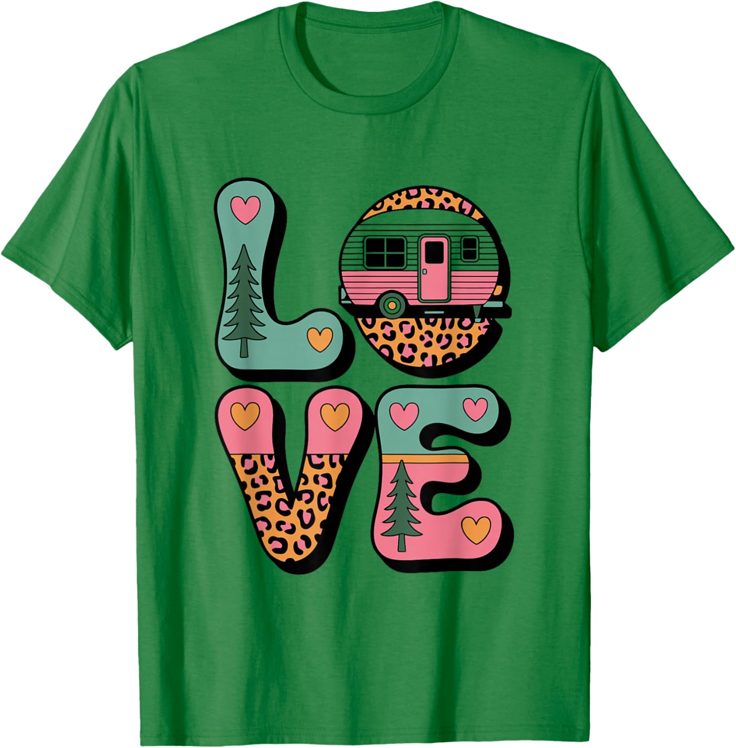 Retro Camper Love Leopard Print Outdoor Graphic Tee Camping Enthusiast Leopard Print T-Shirt Casual Summer S