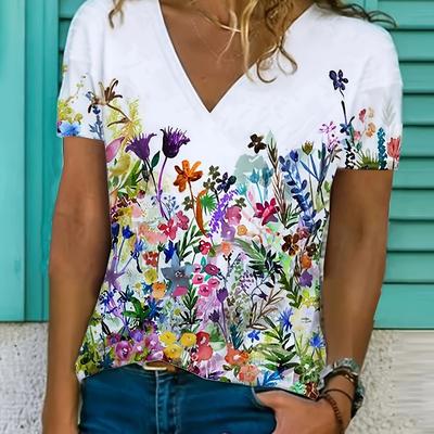 Women's Floral Print V-Neck T-Shirt Y2k Fashion Casual Short-Sleeved Blouse Street Oversized Women's Summer Clothing