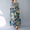 Real Spring and Summer New Retro Cotton and Linen Printing Loose Casual Fungus Lace Collar Long-sleeved Big Swing Dress