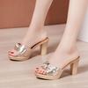 Fashionable High-heeled Fish Mouth Slippers for Summer 2024 with Versatile Bow Decorations and Thick Heels for Women's Sandals