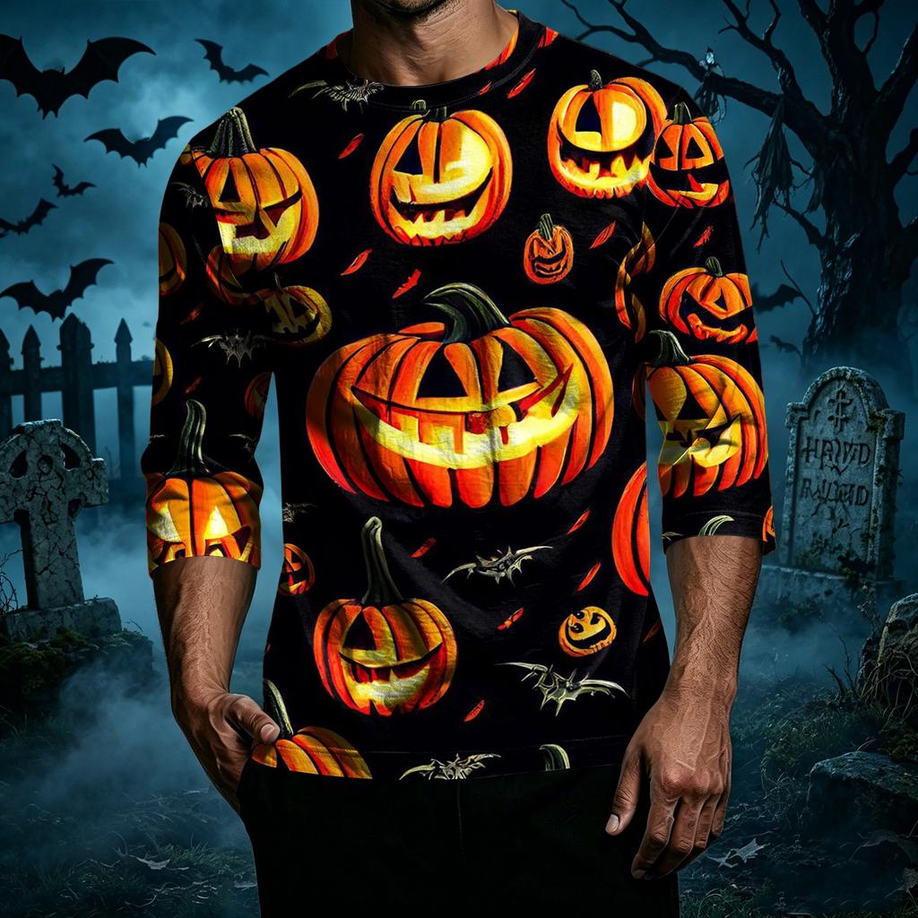 Men's Casual Halloween Pumpkin Print Raglan Sleeve T-Shirt Crew Neck Three Quarter Sleeve Top Lightweight Comfortable Fit