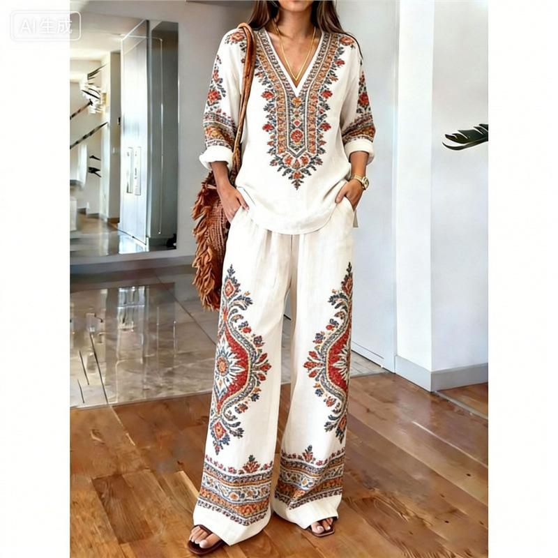 1116 Bohemian Print Cotton and Linen Shirt Wide-leg Pants Two-piece Set, Vacation Casual Suit Women Y1