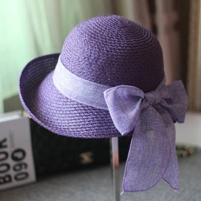Ribbon Bowknot Decor Straw Hat Round Dome Solid Color Folding Women Big Brim Sunscreen Travel Hat Fashion Accessories