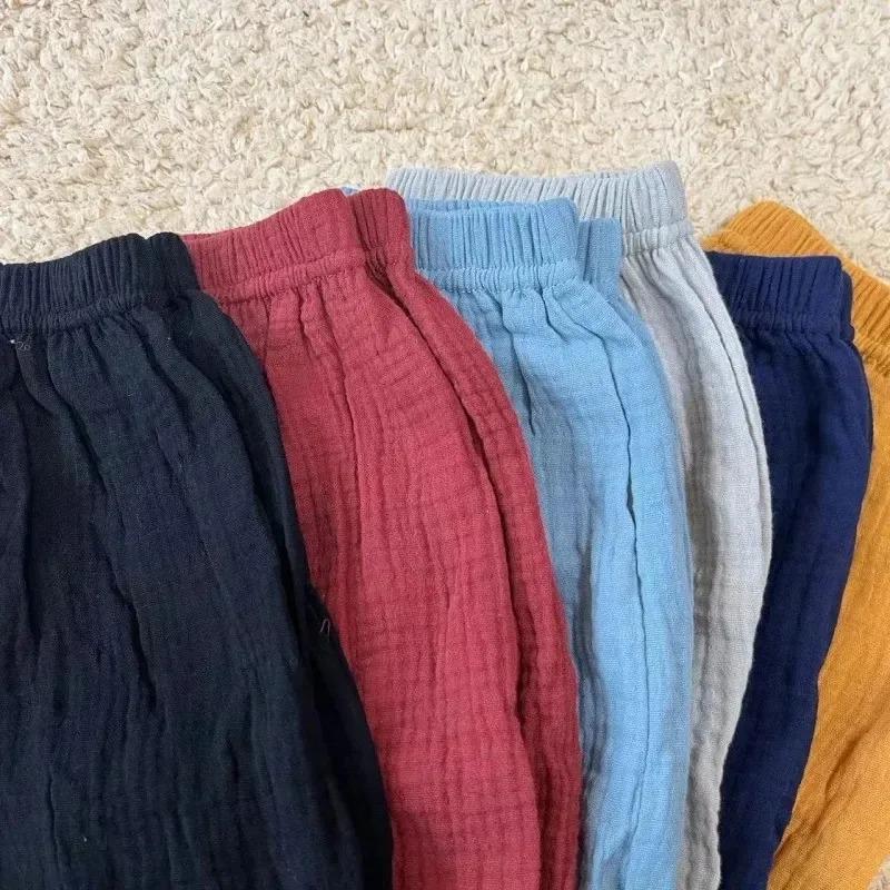 Summer Children Pants Casual Girls Boys Linen Solid Color Loose Pleated Pant Trousers Hight Waist Harem