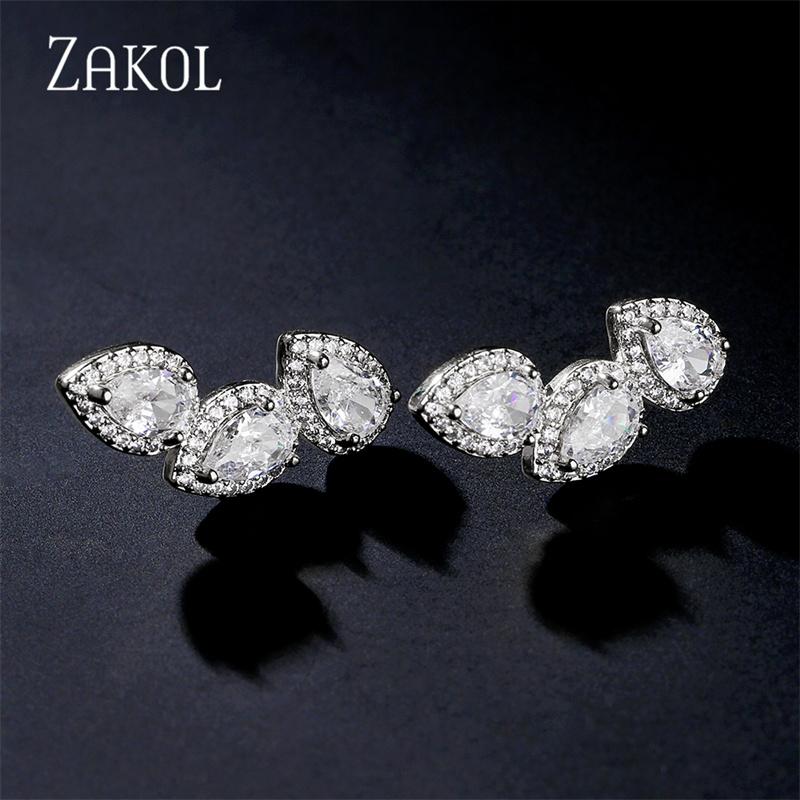 ZAKOL Luxury Shiny Zircon Leaf Stud Earrings For Women Exquisite Crystal Water Drop Ear Cuff Wrap Earring Wedding Zircon