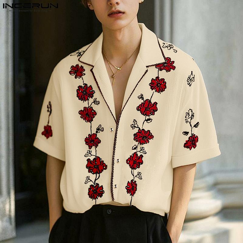 

INCERUN Men Summer Lapel Neck Floral Print Texture Casual Shirts 5XL рожевий