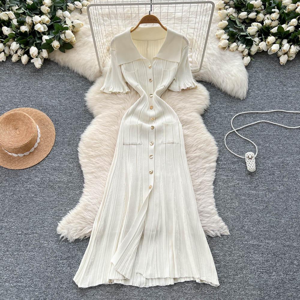 Korean Simple Design Lapel Knitted Dress Women's Summer Slim and Thin Single-breasted Royal Sister Temperament Long Dress