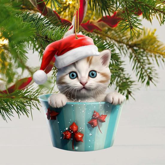 Christmas Pendant 2D Acrylic Cat Sitting Mug Charm Hanging Decor with Lanyard Holiday Party Decoration