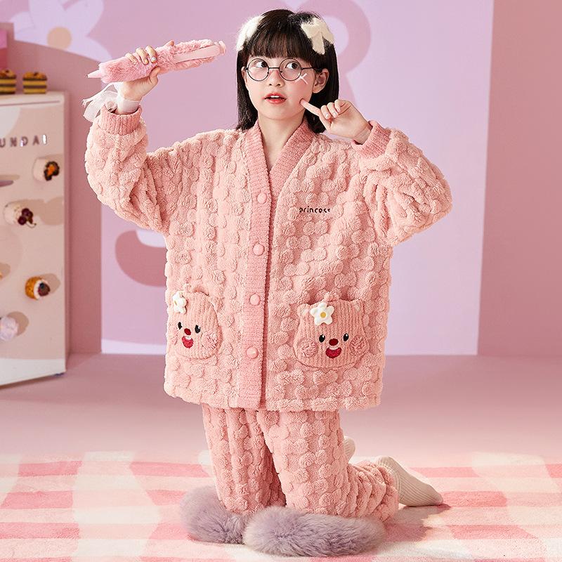 Kids Flannel Pajamas Set Boys Girls Warm Long Sleeve Top And Pants Sleepwear Winter Home Nightwear