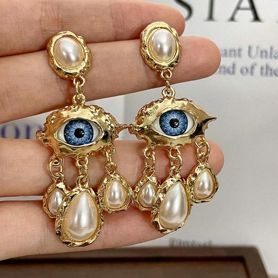 French-Style Long Earrings Featuring Imitation Pearls And Tassels, Paired With Large Eye And Teardrop-Shaped Pendants.