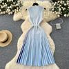 Summer Women Elegant V-neck Sleeveless Striped Knitted Sweater Party Dresses With Pearl Belt