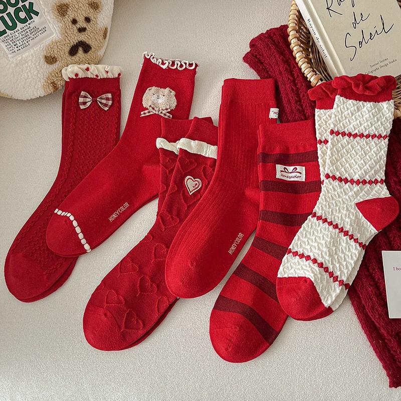 Red Socks Pure Cotton Tube Socks Season Cute Cartoon New Year Big Red Boneless Pile Socks