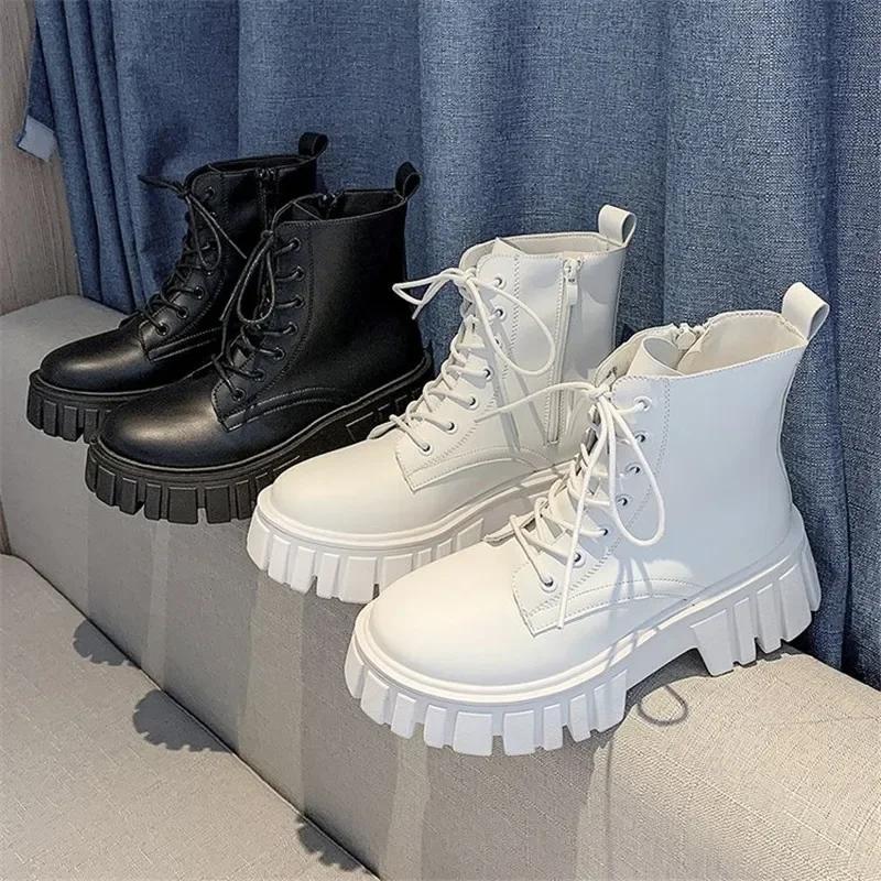 Fashion Rimocy 2025 New Women White Ankle Boots PU Leather Thick Sole Lace Up Combat Booties Female Autumn Winter Platform Shoes Woman