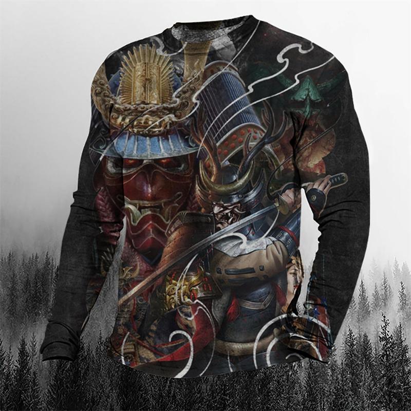 Super Cool Vintage Japanese Samurai Men's T-shirt O-Neck Cotton Men's Clothing Oversized Casual Long Sleeve Tops 3D Printed