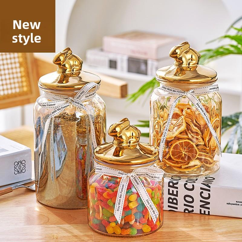Creative Amber Clear Glass Jar Gold Bunny Glass Bottle Candy Oatmeal Storage Jar Kitchen Seal Food Container Home Decoration