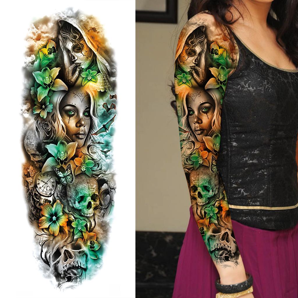 1 Sheet Long Sleeve Temporary Tattoos For Men Women Flower Skull Lion Wolf Tiger Nun Fox Compass Tattoo Sticker Body Art Arm Leg