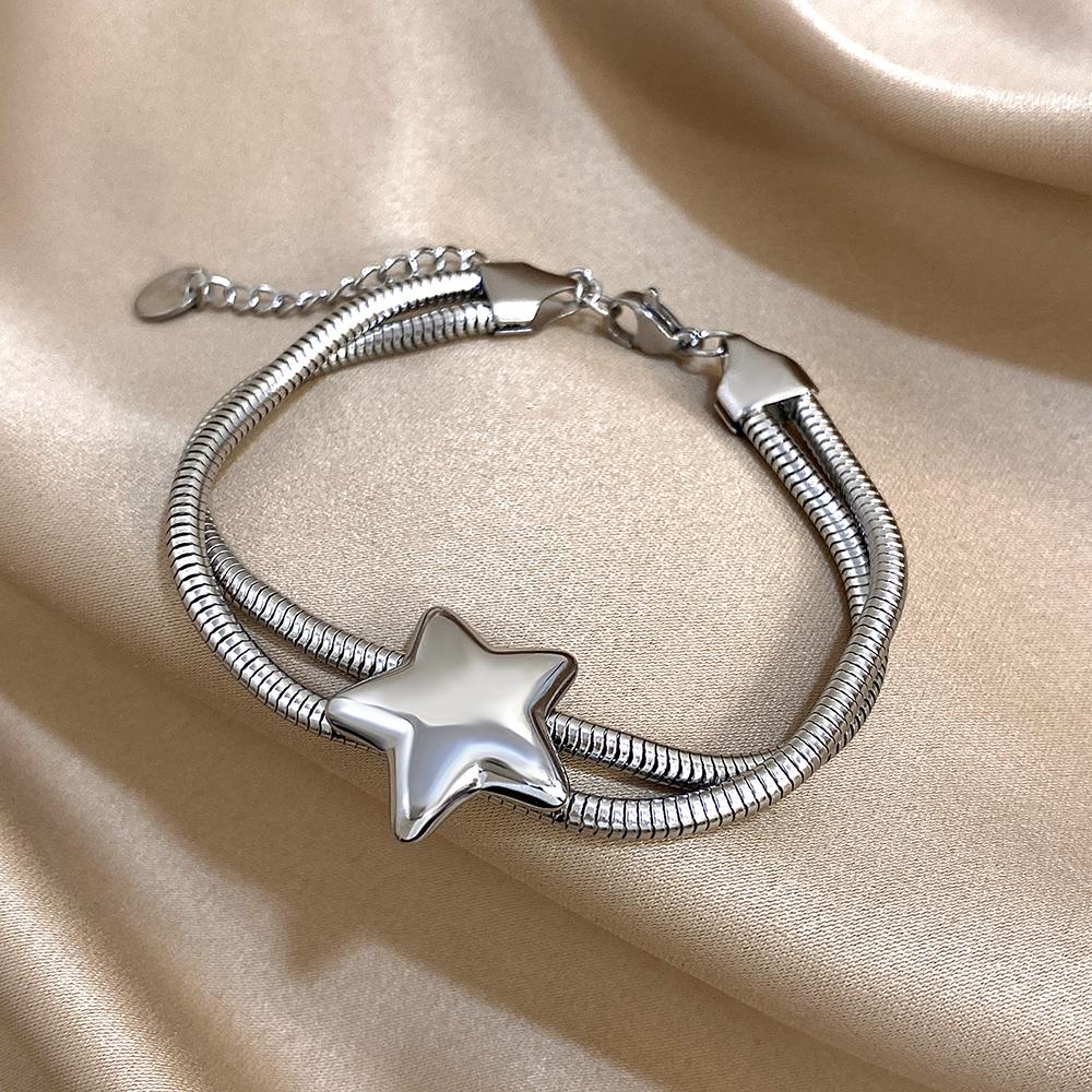 Greatera Five-pointed Star Beaded Necklace For Women Trendy Double Snake Chain Personality Design Stainless Steel Bangle Jewelry
