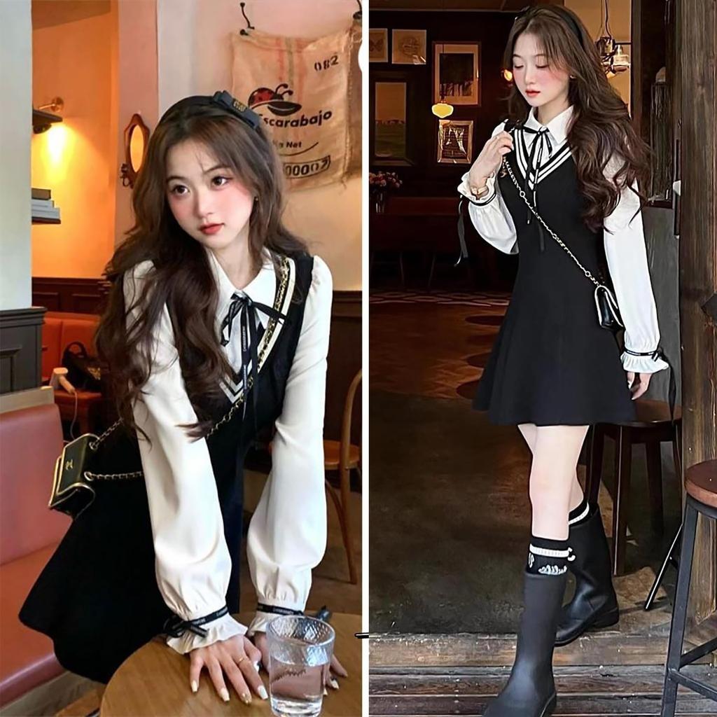LAVASEON Dress with Mini Elastic and Ruffled Mori Princess Perfect for School School-Style Ribbon, Length, Mass-Produced, Short/Long Sleeves, Waist,