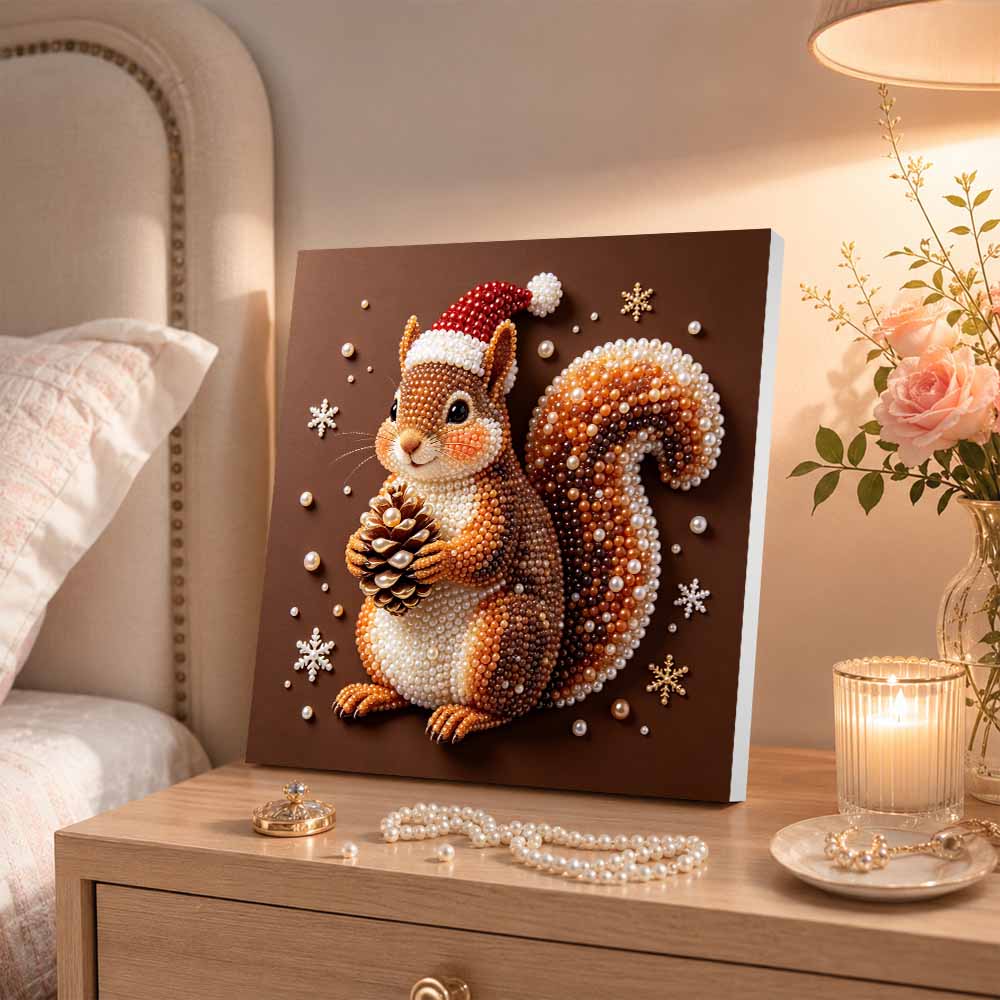 DIY Christmas Pearl Painting Kit for Squirrel with Pinecone Crafting. Home Wall Decoration