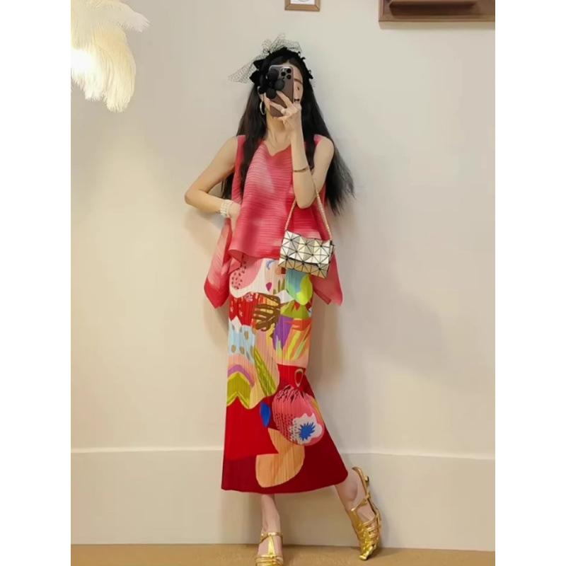 

Комплект топ без рукавов с градиентом и юбка миди в складку Miyake для миниатюрных женщин - Летний уличный стиль и мода, увеличивающая рост Small