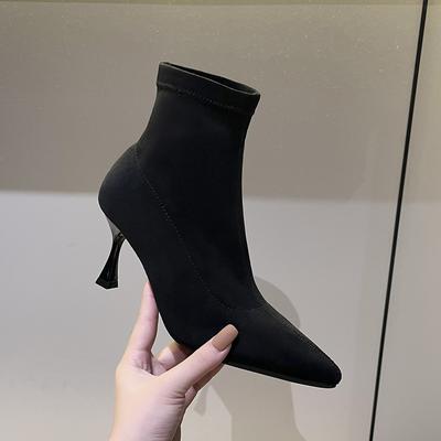 Fashion Boots Women's 7cm High Heels Autumn and Winter New European and American Pointed Head Thin Heel Thin Boots Suede Elastic Boots Socks Boots