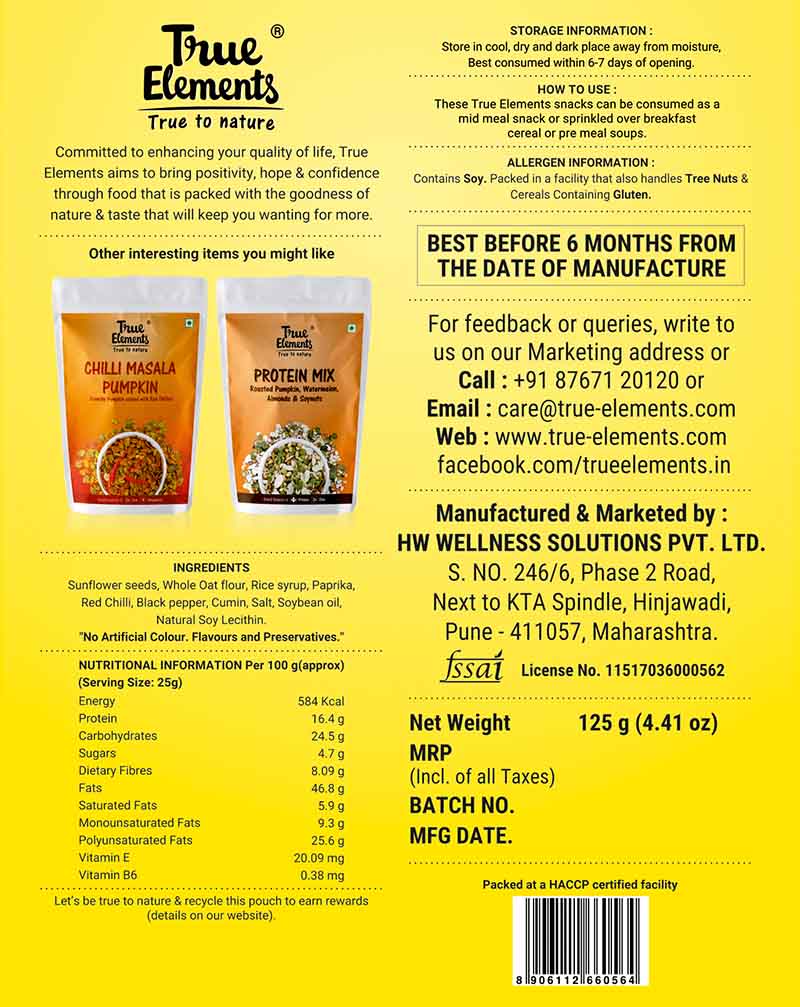 Sunflower Seeds with Chili and Masala (125 G), Chilli Masala Sunflower, True Elements