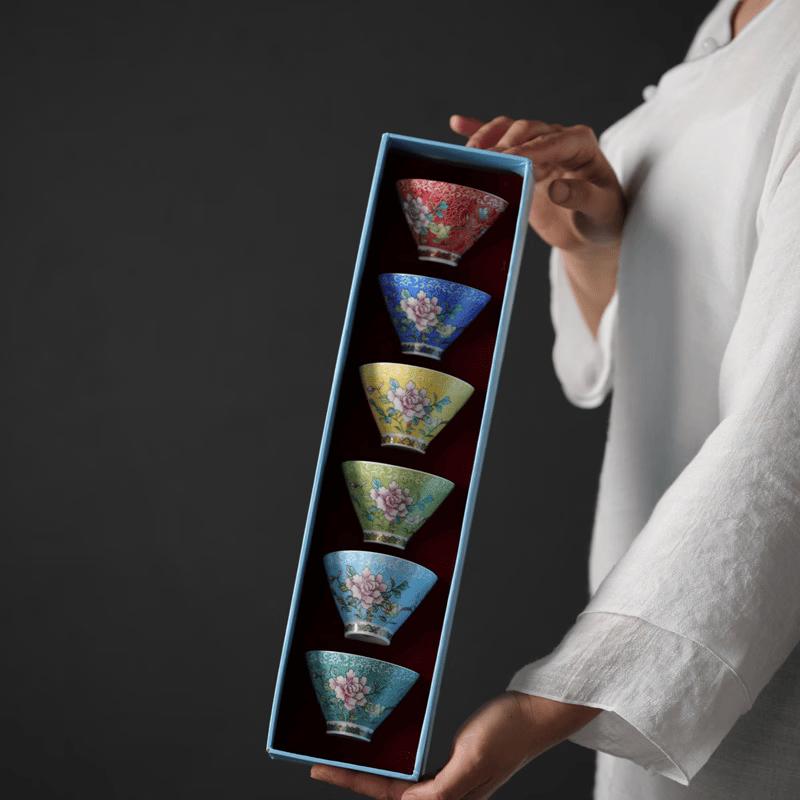 Chaxun Enamel Peony Ceramic Tea Cup Gift Set