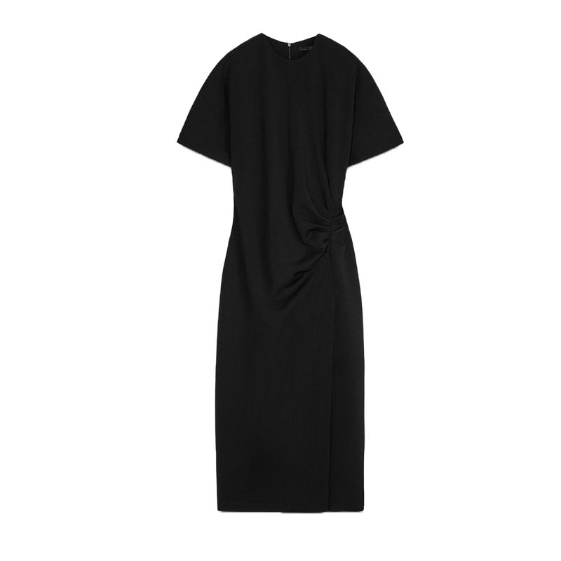 Spring New Women's Clothing Simple European and American Style Long Ruched Midi Skirt Short Sleeve Round Neck Dress 1058153