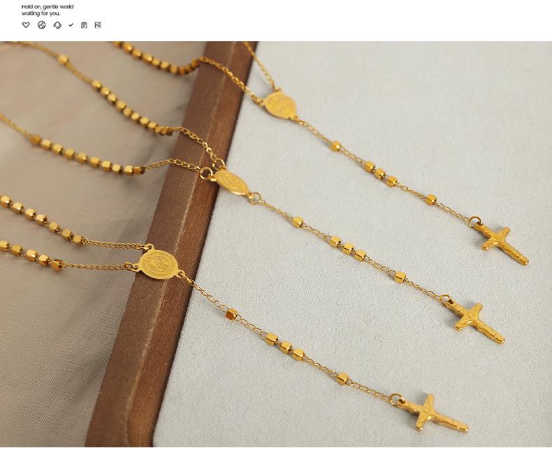 Retro British Jewelry: Oval Portrait Plate Tassel Cross Pendant on Titanium Steel Sweater Chain