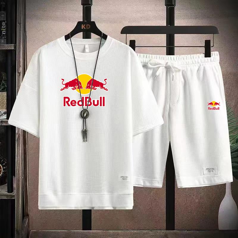 2026 Men's Summer New Style Waffle Short Sleeve Shorts Red Bull Printed Set