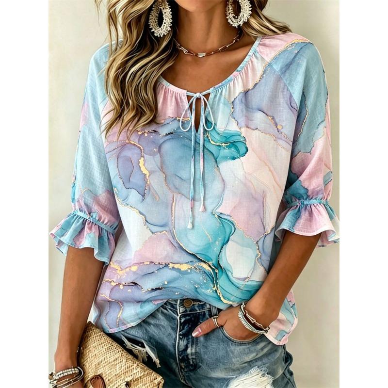Women's White Ditsy Floral Print Tie Neck Blouse, Casual Loose Tops for Spring Summer Daily Wear Vacation Occasions