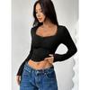 Women's Spring and Autumn Long-sleeved T-shirts Look Slim Slim Lace Patchwork Babes Top U-neck Base Shirt