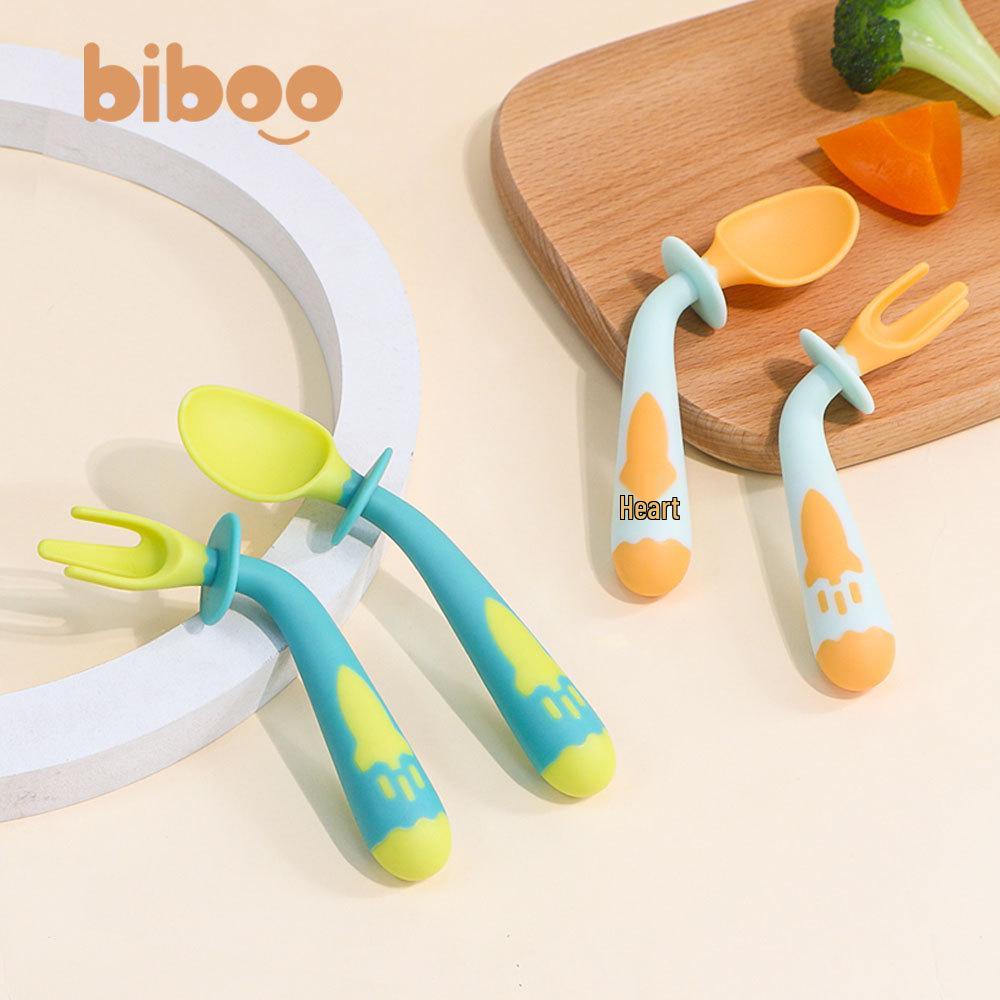 Cartoon Rocket-Shaped Baby Training Spoon & Fork Set